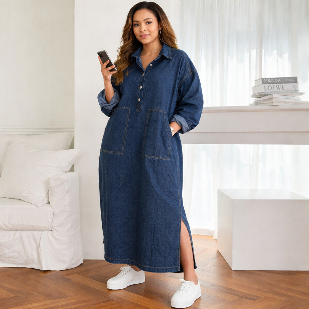 Denim Maxi Dress for Women Loose Fit Lightweight Retro Style Vento Denim Maxi Dress for Women Loose Fit Lightweight Retro Style Vento