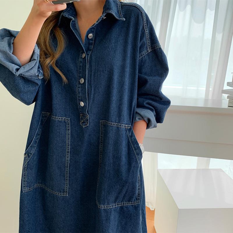 denim maxi dress for women – loose fit lightweight retro style