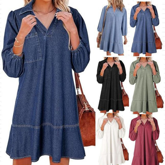 Denim Dress with V-Neck and Puff Sleeves