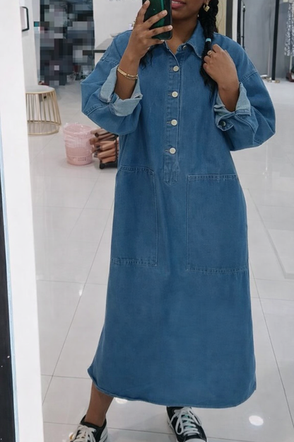 Denim Maxi Dress for Women – Loose Fit Lightweight Retro Style