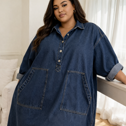 Denim Maxi Dress for Women – Loose Fit Lightweight Retro Style