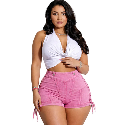 Pink High Waisted Denim Shorts for Women – Lace Up Side, Bodycon Fit, Summer Fashion