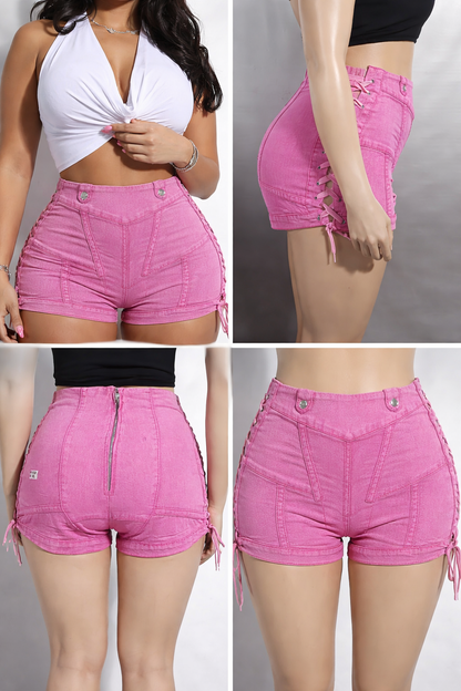 Pink High Waisted Denim Shorts for Women – Lace Up Side, Bodycon Fit, Summer Fashion