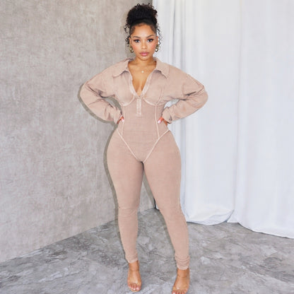 Women’s Washed Distressed Deep V Jumpsuit – Long Sleeve Tight Fit