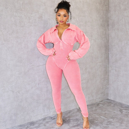 Women’s Washed Distressed Deep V Jumpsuit – Long Sleeve Tight Fit