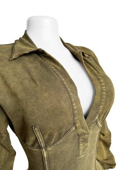 Women’s Washed Distressed Deep V Jumpsuit – Long Sleeve Tight Fit