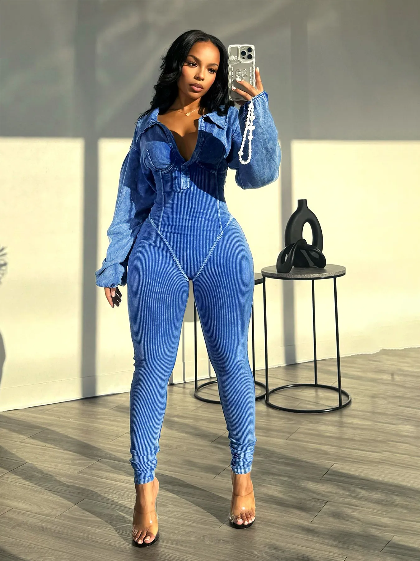 women’s washed distressed deep v jumpsuit – long sleeve tight fit